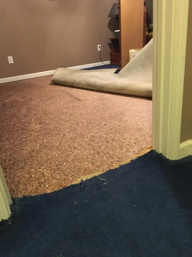 Carpet pad removal revealing water damage during Water Mitigation Services in Brewster